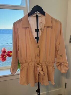 Sweet Rain Peach Button-Front Tie-Waist Women's Blouse